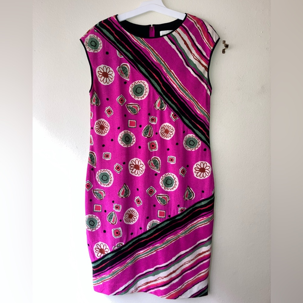 Vintage '80s Joan Leslie Silk Sheath Dress Fuchsia Pink Abstract Print Medium